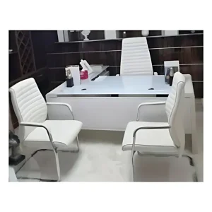 1.6Mtr White Glass Office Desk + Leather chairs-909A