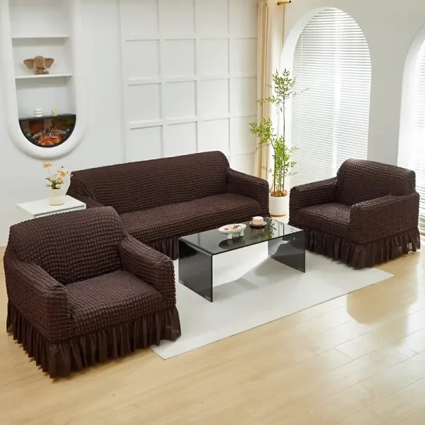 1+1+3 Set Brown Seersucker Fabric Sectional Sofa with Elastic Bands