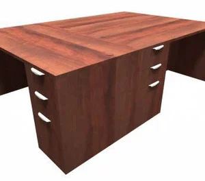 Three Man Wooden Workstation With Attached Three Step Drawer