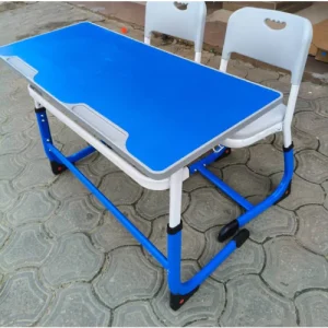 Adjustable Height Double Desk and Chair Classroom Furniture Set-Blue & White