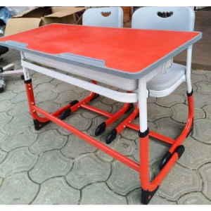Adjustable Height Double Desk and Chair Classroom Furniture Set-Red & White