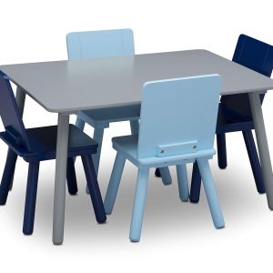 Children-Kids-Table-and Chair Set with 4 Chairs Grey Blue Sturdy Wood Ideal for Playrooms and Bedrooms