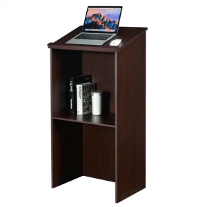 Lectern-Wooden Floor Standing Podium Speaking Lectern Adjustable Shelf Pen Tray Brown