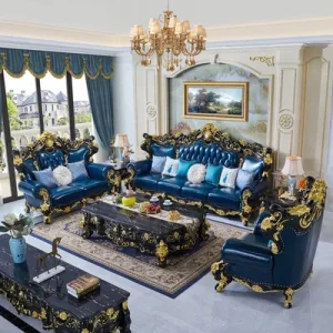 Living Room Furniture Wood Carved Classical Luxury Leather Sofa in Optional Couch Color and Seats