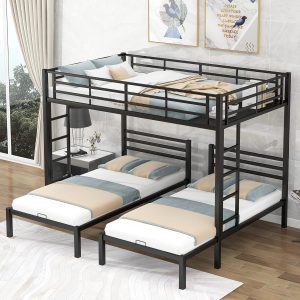 Triple Bunk Bed for 3 Full-Over Twin Twin Bunk Bed with Built in Shelf-Ladder