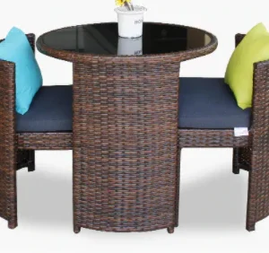 2 Seater Round Compact Rattan Furniture Set (Brown ) with Table Glass Top