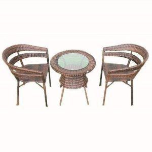 2 Seater Shaggy Round Compact Rattan Bistro Furniture Set & Glass Top Table