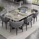 Marble-Finish Rectangular Dining Table Set with Padded Chairs - ash colour
