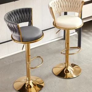 Golden Metal Bar Stools with Velvet Cushion and Woven Back Adjustable Height-360° Swivel Round black and gold