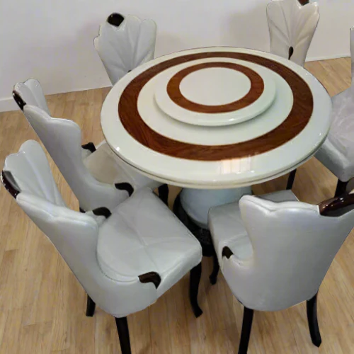 6 Seater Marble Dining Set - White and Gold - Image 6