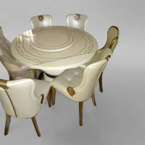 6 Seater Marble Dining Set - White and Gold - Image 4