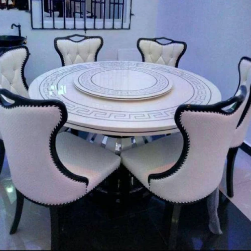 6 Seater Marble Dining Set - White and Gold - Image 5