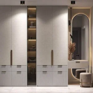 8 Feet Wooden Wardrobe With Rack & Mirror