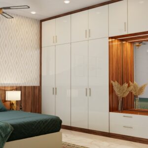 Wardrobe Finished Glossy Ivory And Classic Walnut Lamination
