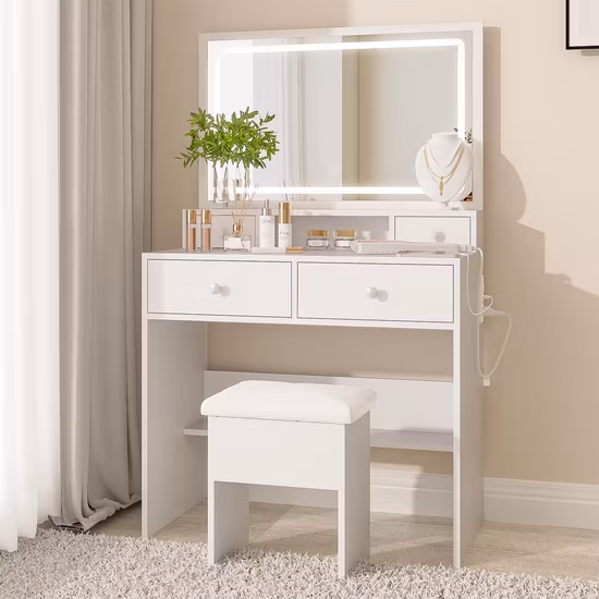 White & Brown Wooden-Dressing Table with Mirror and Drawers - Image 2