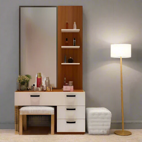 White & Brown Wooden-Dressing Table with Mirror and Drawers - Image 3