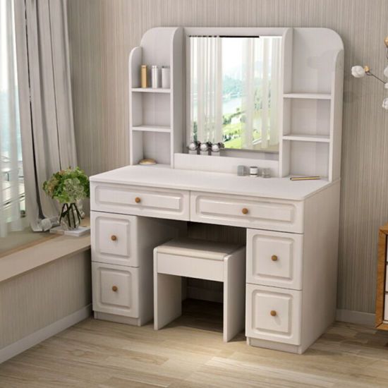 White & Brown Wooden-Dressing Table with Mirror and Drawers