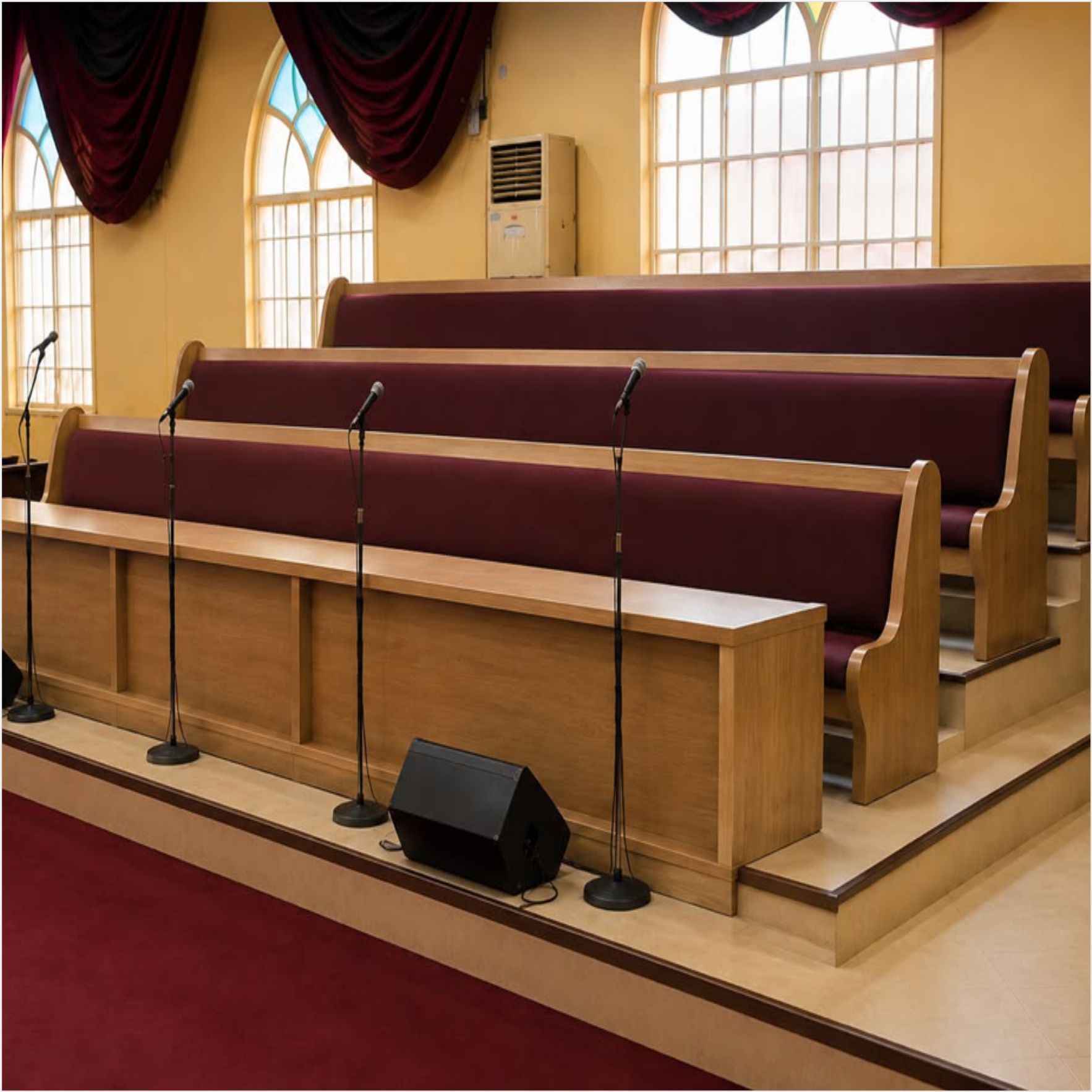 Rows of church pew seating furniture