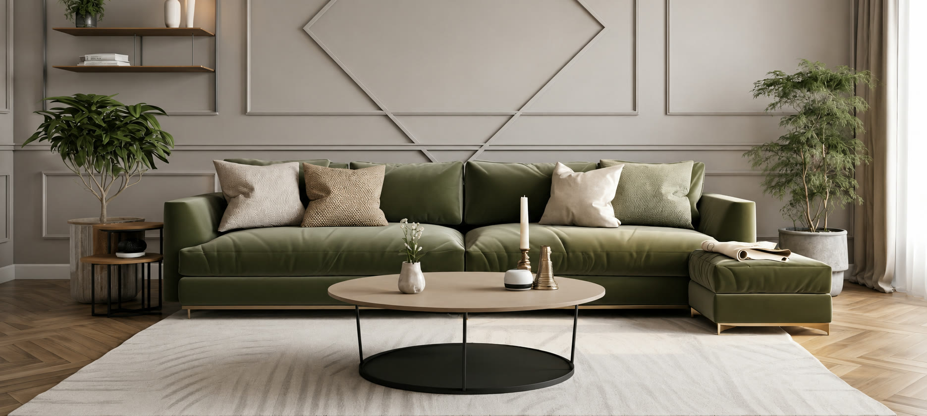 An olive green velvet sofa with cushions in a bright panelled living room