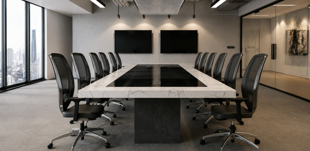 Modern boardroom with a marble conference table and executive chairs